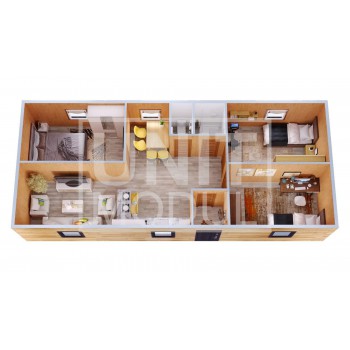 (МД-14) Модульный дом дачный из 2-х бытовок (блок-контейнеров) с прихожей, спальнями и гостиной
